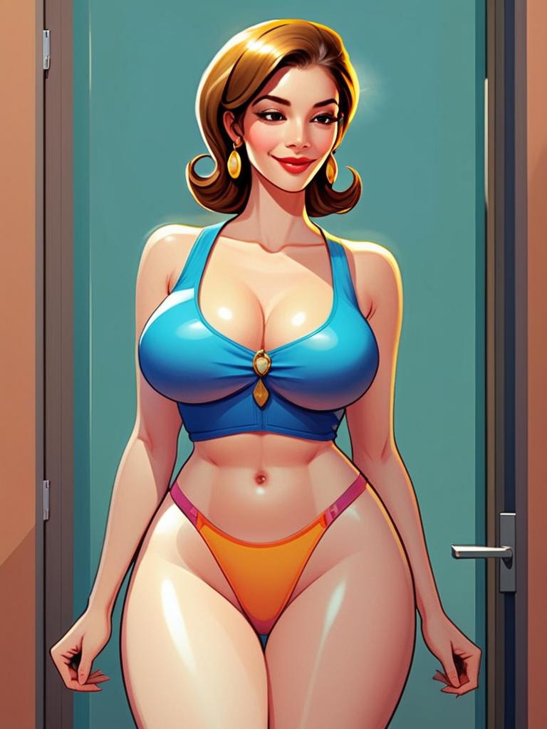 Confident Woman in Blue Crop Top and Orange Bikini Digital Illustration