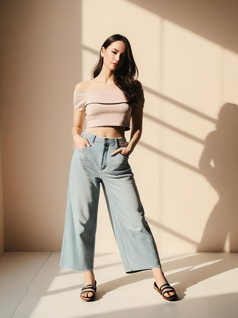 Woman Casual Streetwear Black Off The Shoulder Crop Top with Wide Leg Jeans