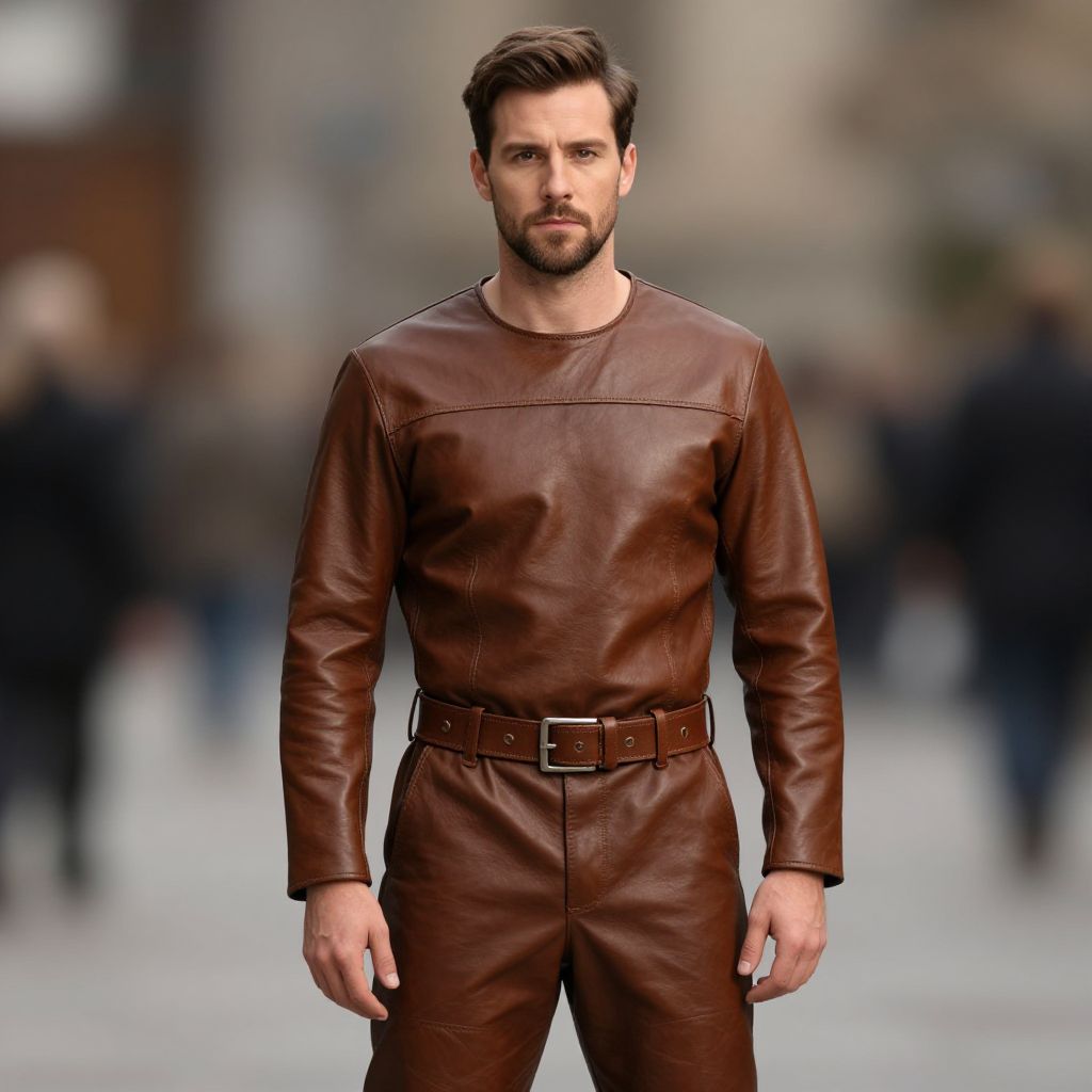 Stylish Man in Brown Leather Outfit Standing Outdoors