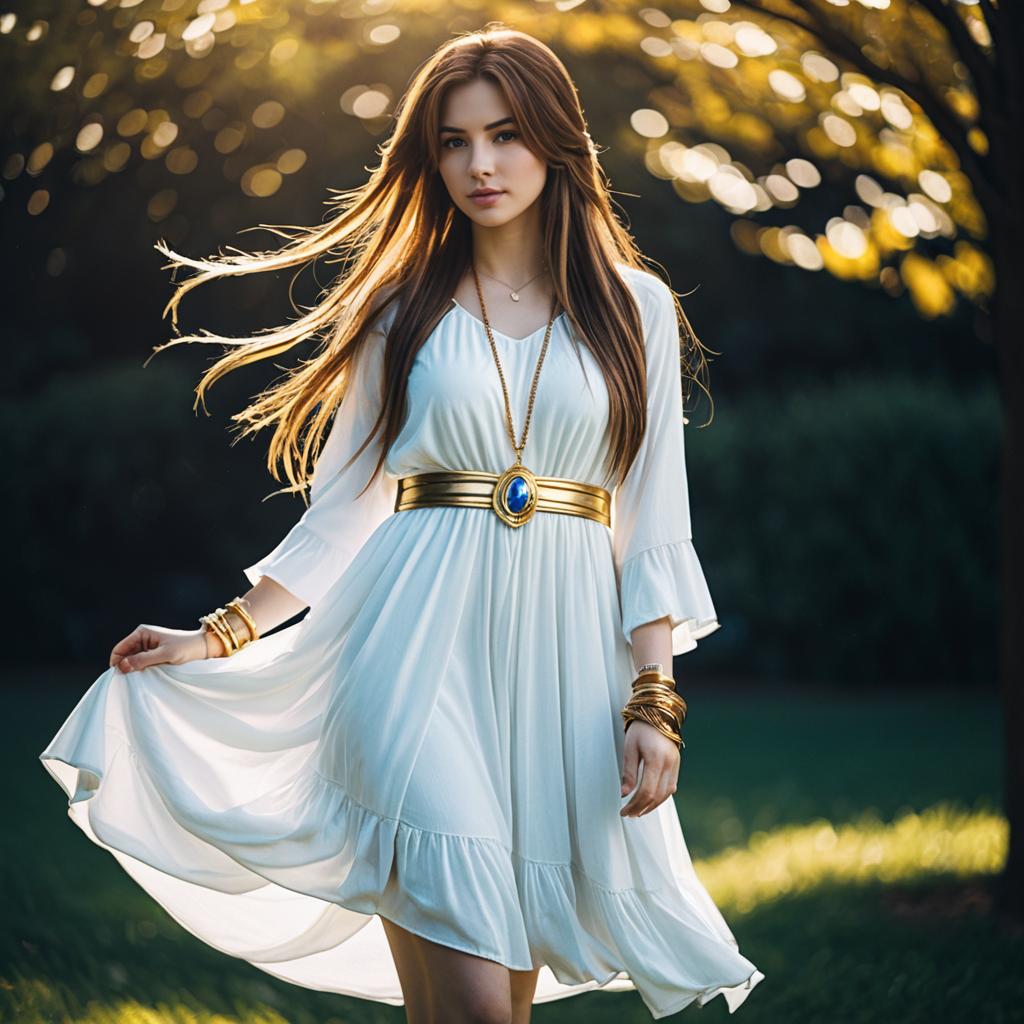 Young Woman in Flowing White Dress with Gold Belt Outdoors at Golden Hour
