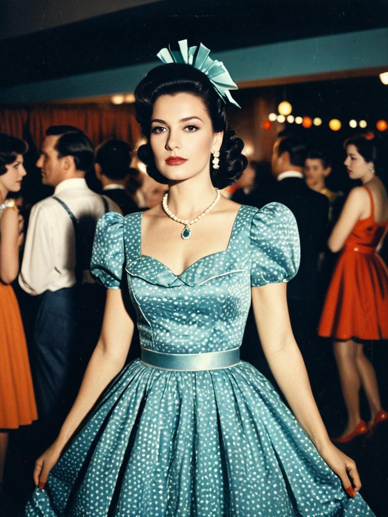 Woman in Retro 1940s Party Dress Costume at Vintage Fashion Event