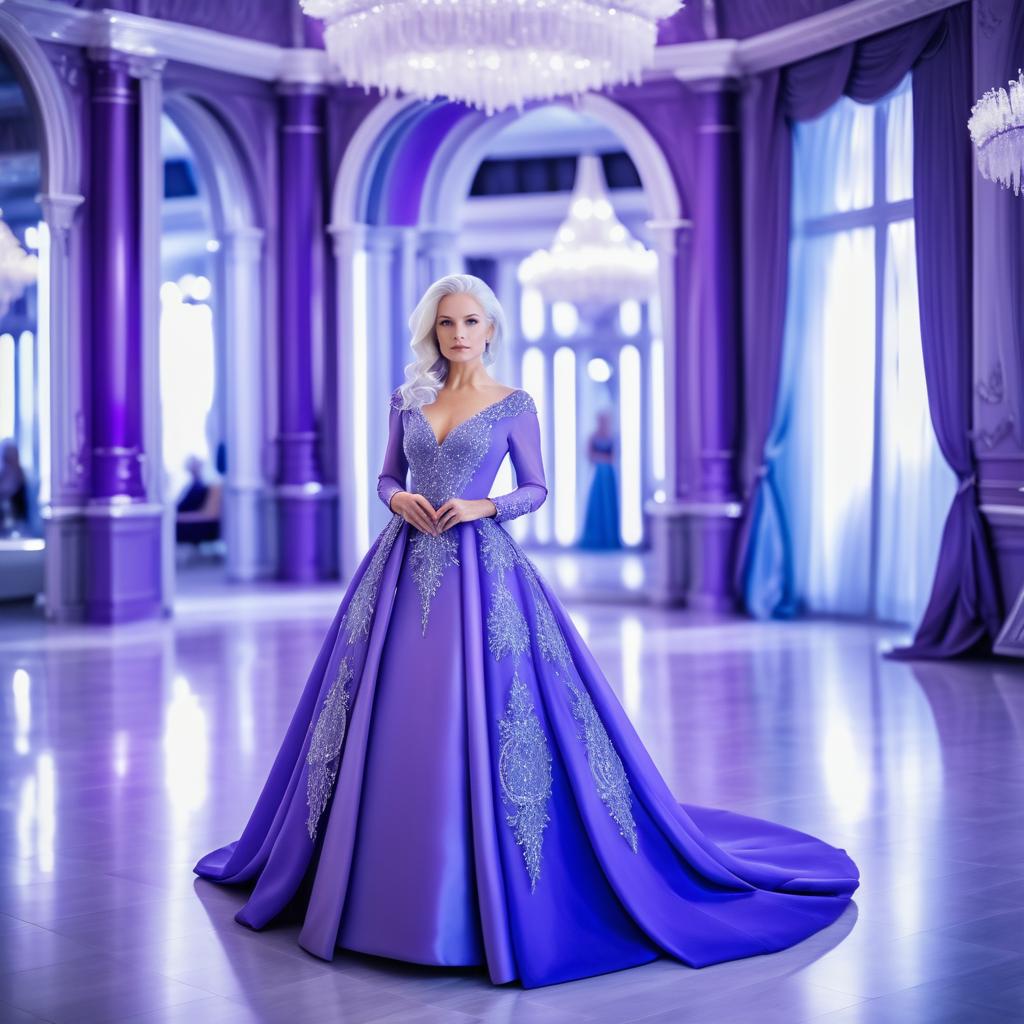 Elegant Woman in Purple Gown at Luxurious Ballroom