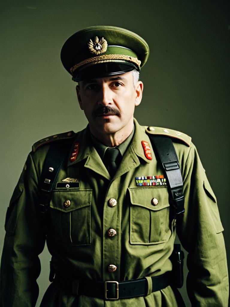 Man in Army-Inspired Olive Green Military Uniform Waist-Up Editorial Portrait