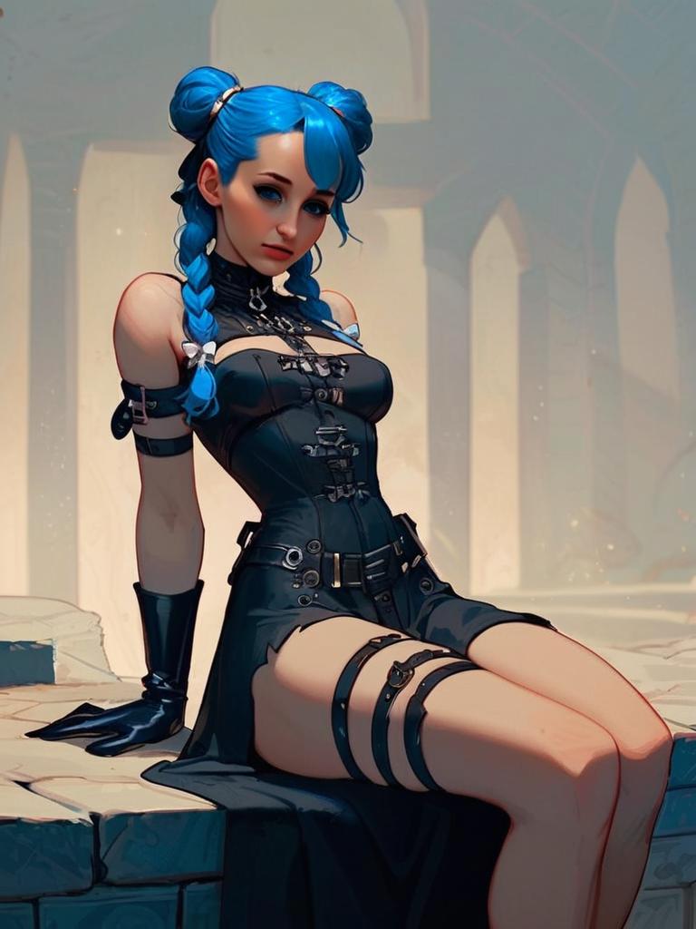 Gothic Anime Woman with Blue Hair in Dark Gothic Outfit Digital Art