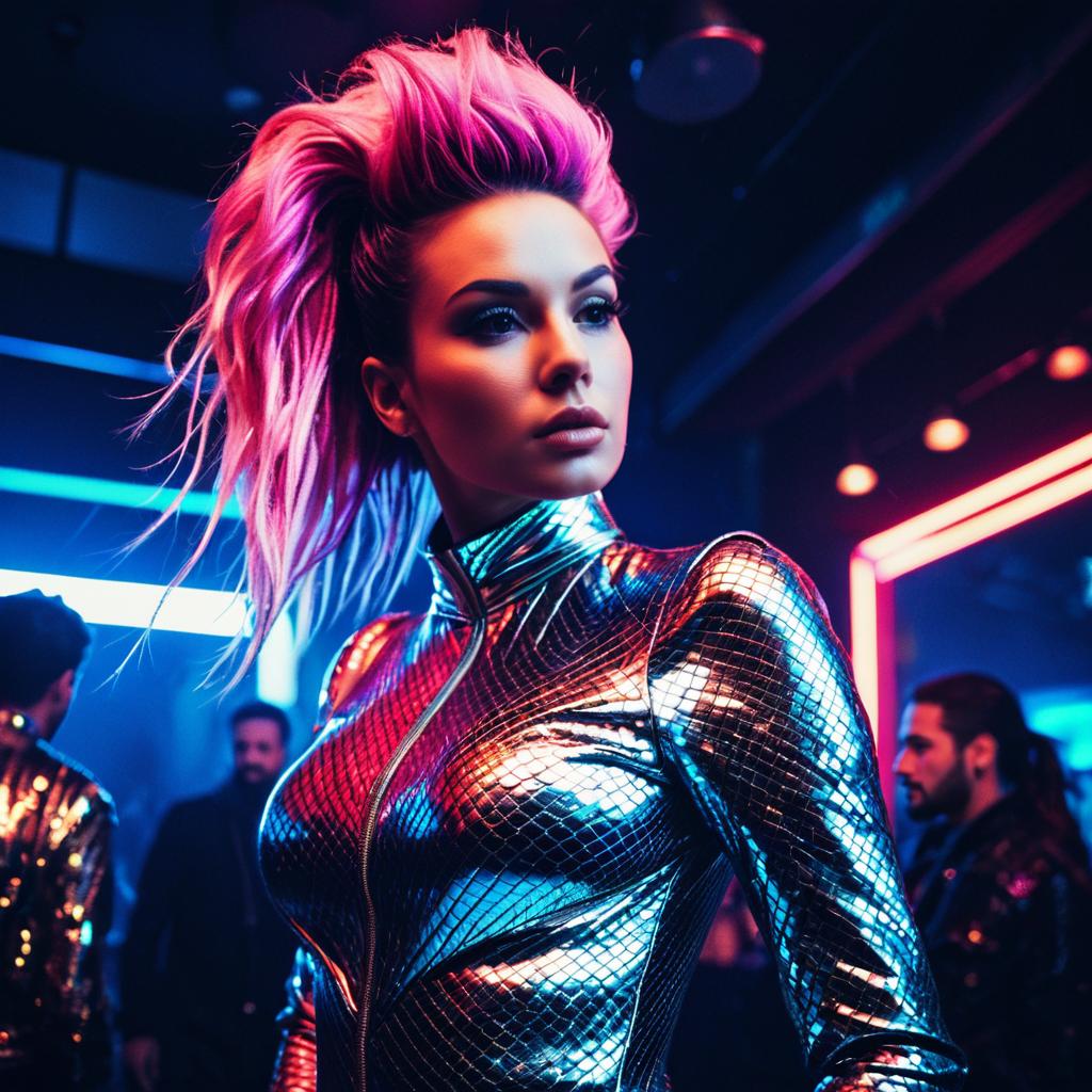 Futuristic Woman with Pink Hair and Metallic Jacket in Cyberpunk Nightclub