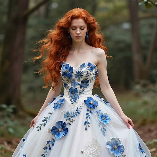 Elegant Woman Wearing White and Blue Floral Ball Gown in Forest