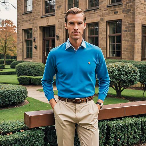 Man in Blue Sweater and Beige Pants Standing Outdoors by Classic Stone Building