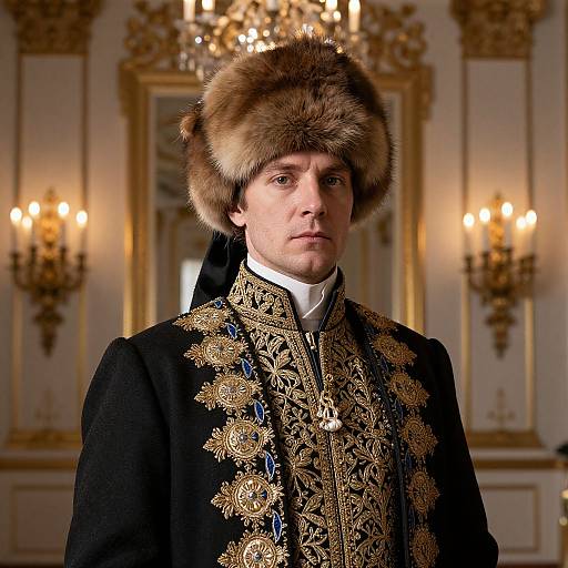 Man in Traditional Ornate Fur Hat and Embroidered Ceremonial Costume