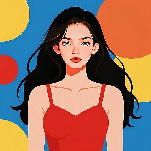 Digital Illustration of Young Woman in Red Dress with Colorful Circle Background