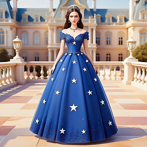 Elegant Woman in Blue Star-Adorned Ball Gown on Chateau Terrace