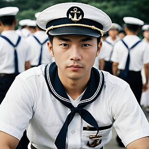 Young Sailor in Navy Uniform with Crew