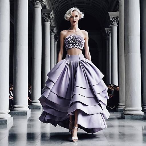 Elegant Lavender Haute Couture Dress Woman Fashion Runway in Columned Hallway