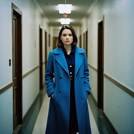 Woman in Blue Top Coat Standing in Hallway Fashion Portrait