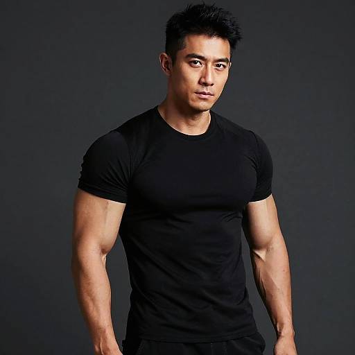 Fit Young Man in Black T-Shirt Posing Confidently