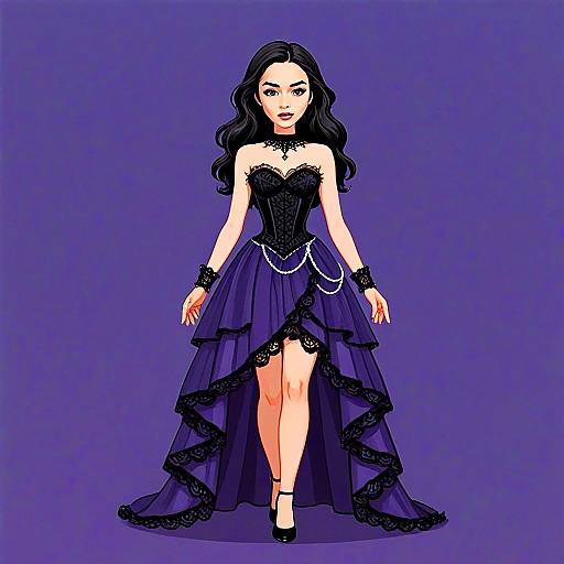 Gothic Woman Wearing Black Silk Corset Gown with Purple High-Low Skirt