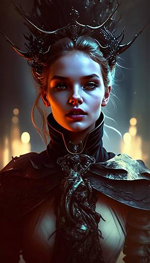 Fantasy Woman in Dark Armor with Antler Crown Portrait