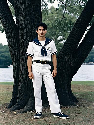 Young Man in Realistic Sailor Suit Costume Outdoors by Water