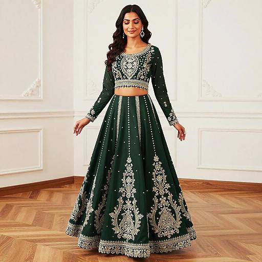 Elegant Dark Green Embroidered Indian Lehenga Outfit for Women