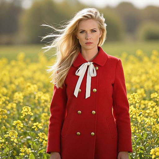 Woman in Red Coat Standing in Yellow Flower Field