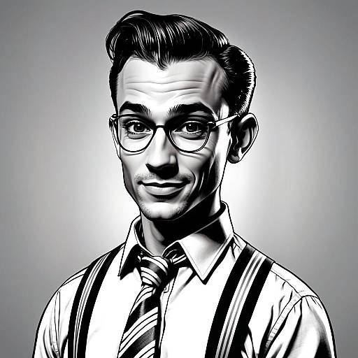 Stylized Black and White Portrait of Man Wearing Glasses and Tie