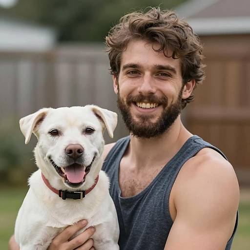 Happy Young Man Holding Dog Outdoors