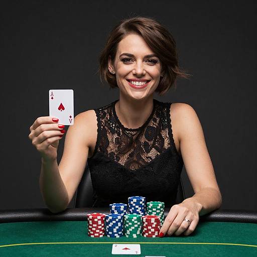 Confident Woman Holding Ace of Hearts Poker Card with Chips at Casino Table
