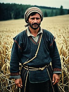 Man in Traditional Peasant Clothing Standing in Wheat Field