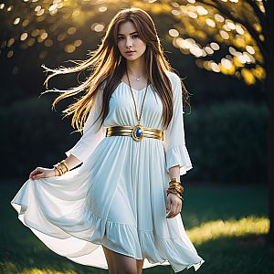 Young Woman in Flowing White Dress with Gold Belt Outdoors at Golden Hour