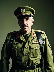 Man in Army-Inspired Olive Green Military Uniform Waist-Up Editorial Portrait