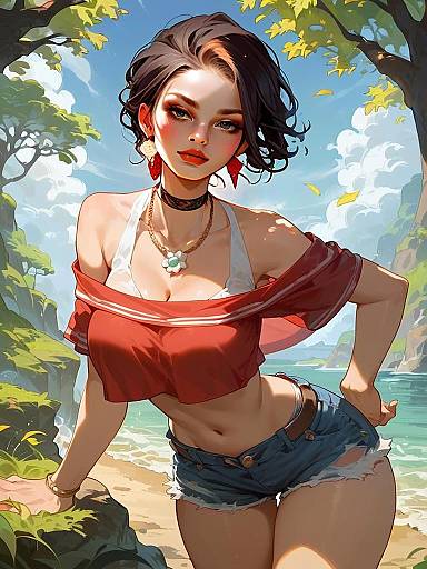 Digital Art of Woman at Seaside in Red Top and Denim Shorts