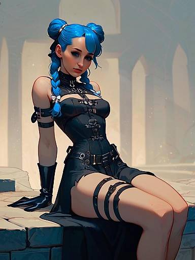 Gothic Anime Woman with Blue Hair in Dark Gothic Outfit Digital Art