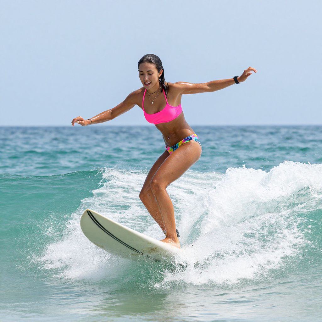 Young Woman Surfing on Ocean Wave in Bright Bikini