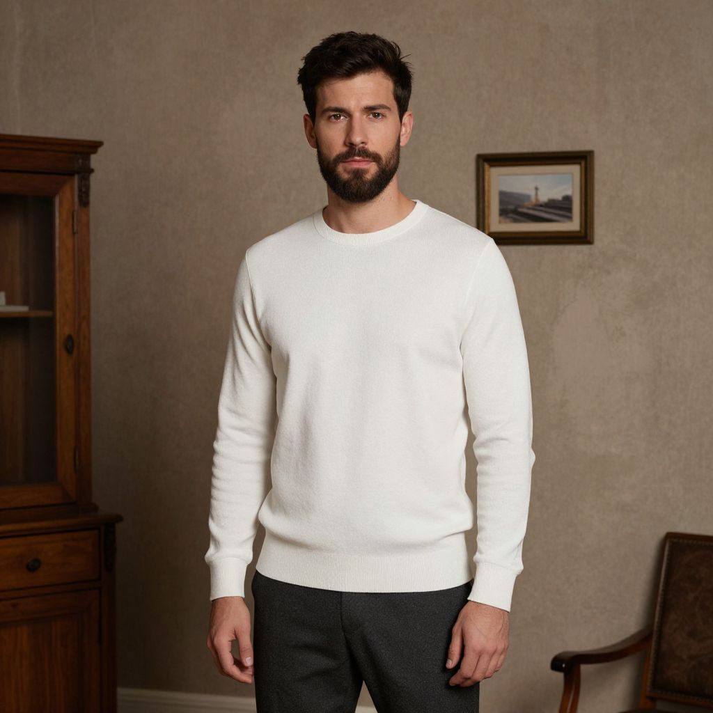 Man in White Sweater Standing Indoors with Vintage Interior