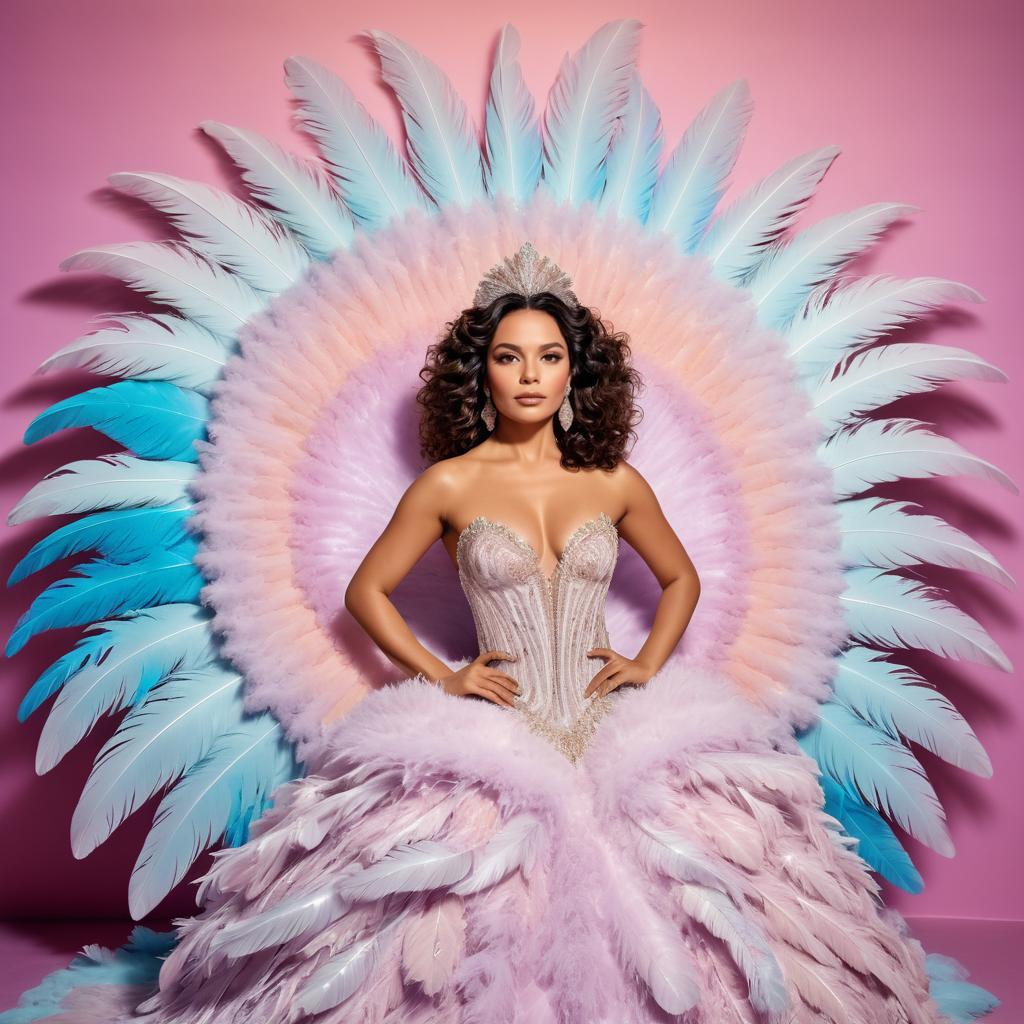 Elegant Woman in Feathered Gown on Pink Backdrop