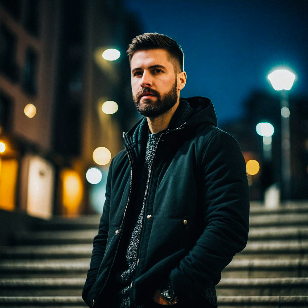 Bearded man on city steps at night