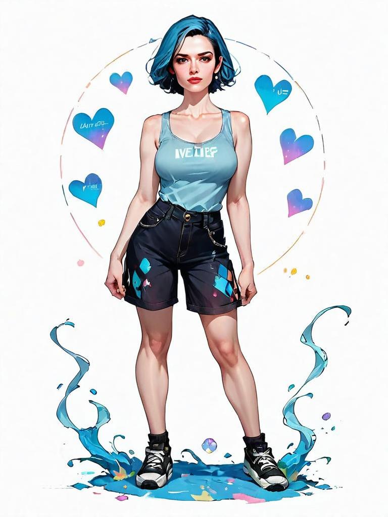 Realistic Comic Style Illustration of Woman in Casual Outfit with Blue Hair