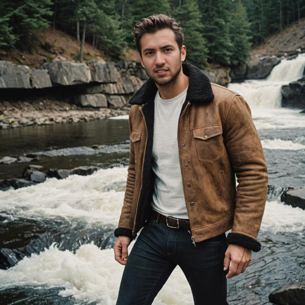 Confident man in leather jacket by waterfall