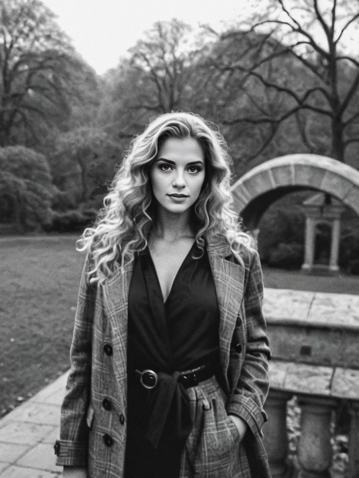 Confident Woman in Black and White Outdoor Setting Confident Woman in Black and White Outdoor Setting