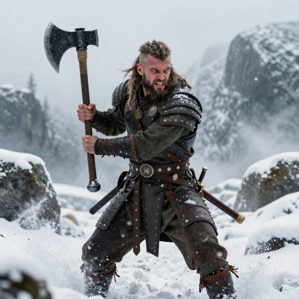Fierce Viking Warrior in Snowy Battle Scene with Axe