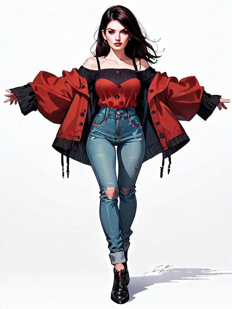 Realistic Comic Style Woman in Casual Fashion Full Body Illustration