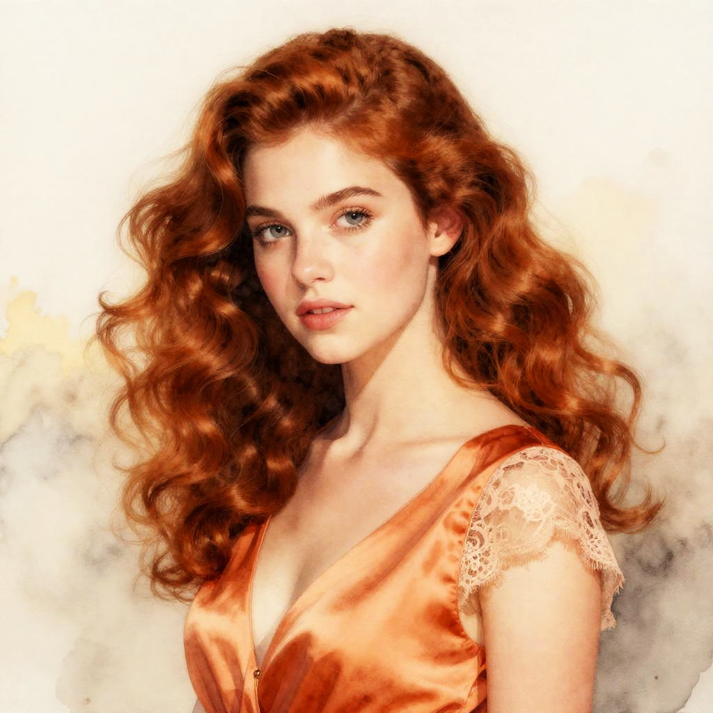 Portrait of Redhead Woman in Orange Silk Dress with Vintage Style