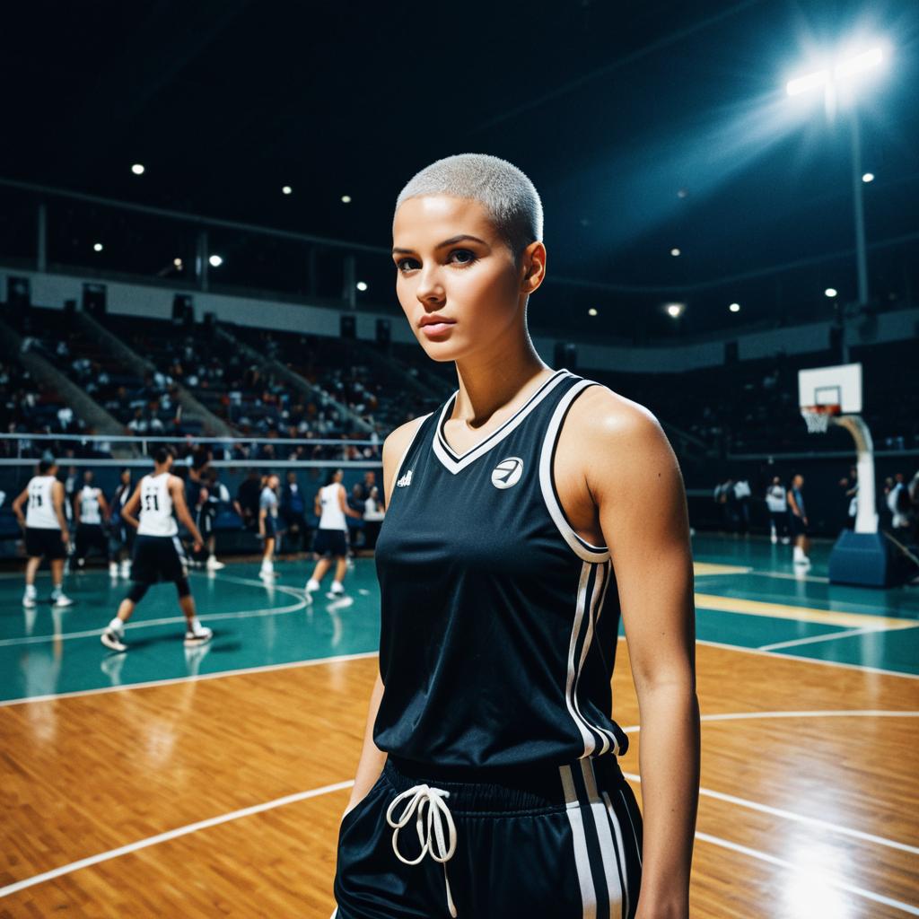 Confident Woman Basketball Player on Court in Black Jersey