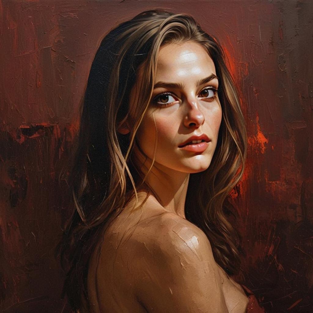 Realistic Oil Painting Portrait of Woman with Brown Hair and Warm Background