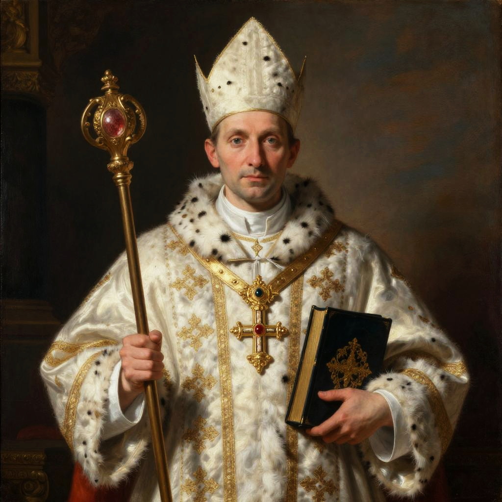 Portrait of a Religious Bishop in Ornate White and Gold Robes Holding Staff and Book