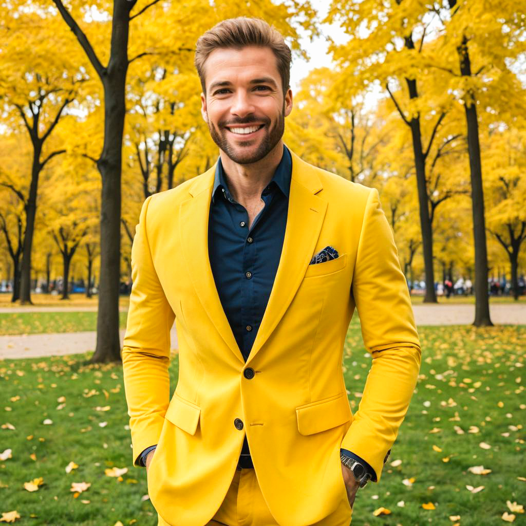 Man in Yellow Suit Among Autumn Trees