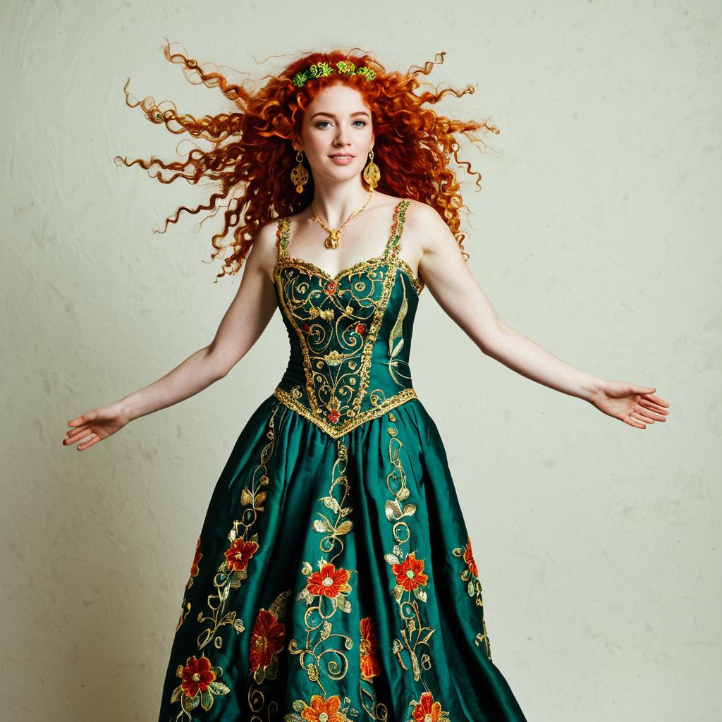 Red Haired Woman in Embroidered Emerald Green Vintage Gown