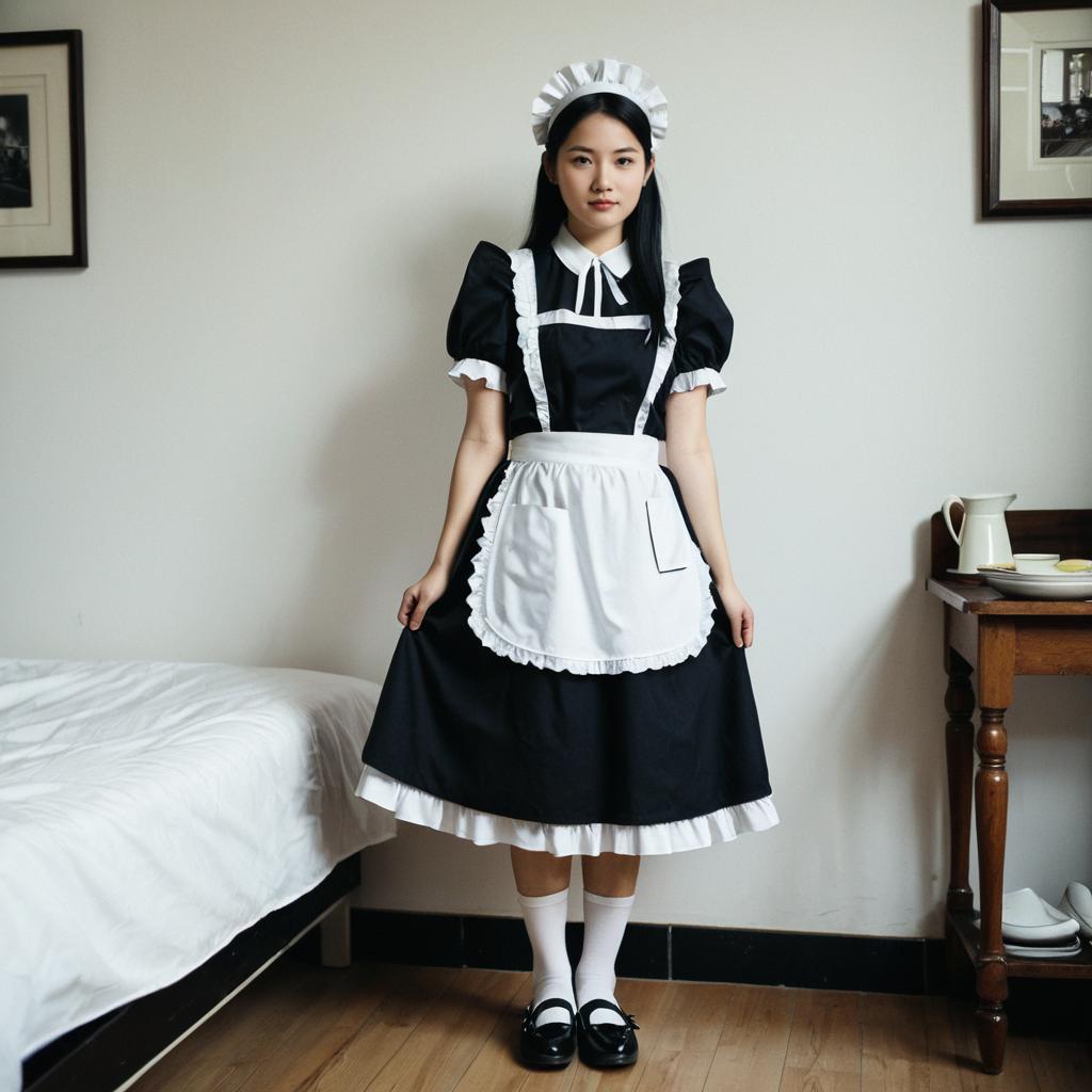 Young Woman Wearing Classic Long Maid Outfit with Headwear and Apron