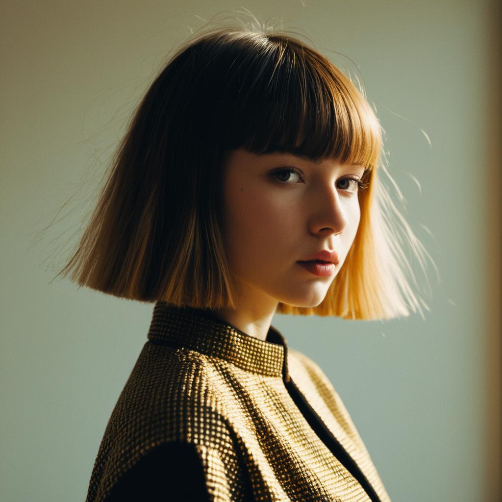 Portrait of Woman with Bob Haircut Wearing Textured Gold Jacket