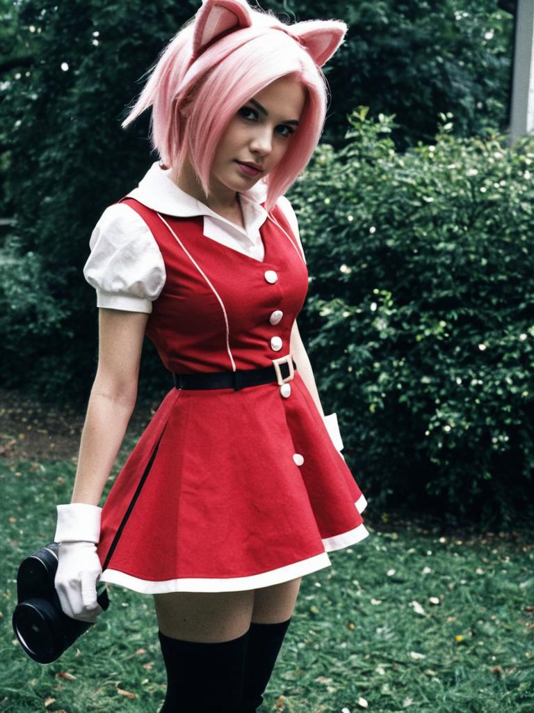 Realistic Amy Rose Archie Cosplay Woman in Red Dress Outdoors