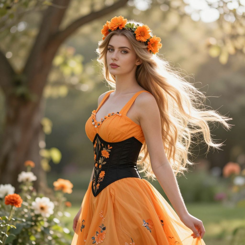 Woman in Orange Floral Dress and Flower Crown Outdoors